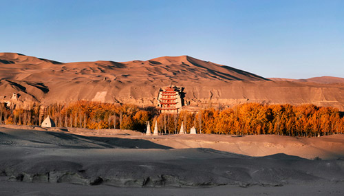 Site of Dunhuang Mogao Caves in the desert
